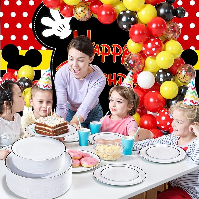 LIYH 60 Pcs White Plastic Plates Disposable for Party Black Plastic Disposable Heavy Duty Party Wedding Plates Including 30 Dinner Plate 10.25” & 30 Dessert Plate 7.5"
