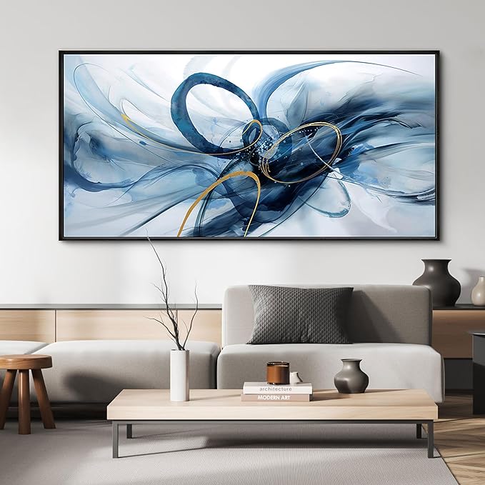XLSJERST Frame Wall Art - Blue and White Picture for Living Room Modern Abstract Canvas Wall Decor Artwork for Office Bedroom Home Decoration
