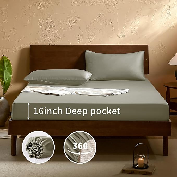 EVERLY Full Sheets Set Luxuriously 400 Thread Count Organic Rayon Derived from Bamboo Bed Sheet Set,Cooling Sheets for Full Size 4 Piece Deep Pockets Bedding Sheets& Pillowcases-Light Grey
