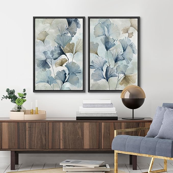 MUDECOR Framed Canvas Print Wall Art Blue Ginkgo Flower Illustrations Modern Art Decorative Bohemian Colorful Chic for Living Room, Bedroom, Office - 16"x24"x2 Black