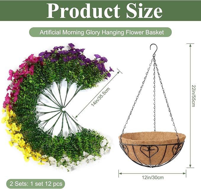 KHOYIME Artificial Hanging Flowers Plants Basket for Outdoors Indoor, 2 Set Faux Silk White Yellow Purple Fuchsia Morning Glory Fake Eucalyptus Planters UV Resistant Spring Summer Home Garden Decor