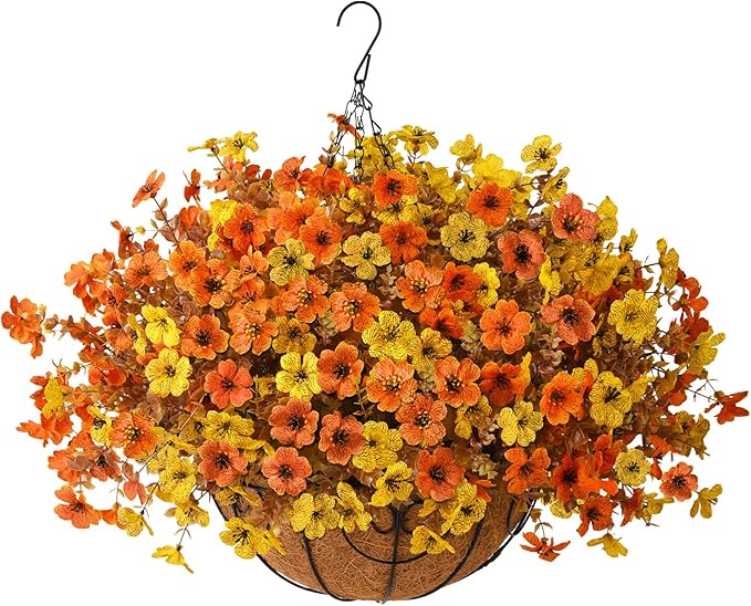 Artificial Fake Hanging Baskets Fall Flowers for Outdoors Autumn Decoration, 12 PCS Faux Daisy Silk Plants Outside UV Resistant Look Real Yard Patio Front Porch Balcony Home Decor (Orange Yellow)