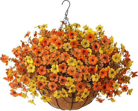 Artificial Fake Hanging Baskets Fall Flowers for Outdoors Autumn Decoration, 12 PCS Faux Daisy Silk Plants Outside UV Resistant Look Real Yard Patio Front Porch Balcony Home Decor (Orange Yellow)
