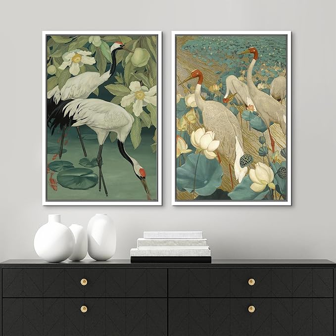 MUDECOR Framed Canvas Print Wall Art Elegant Cranes Among Lotus Flowers Nature Illustrations Modern Art Decorative Multicolor Minimalism for Bedroom - 24"x36"x2 White