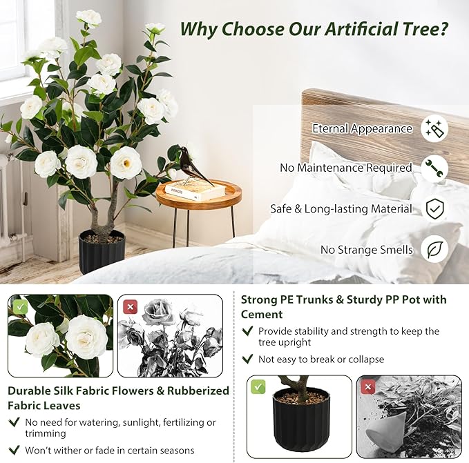 Goplus 38’’ Artificial Camellia Tree, Flower Plants Artificial Tree, Faux Floral Plant Blooming Tree in Cement Pot, Greenery Potted Plant for Indoor Outdoor Office Home Porch Decor