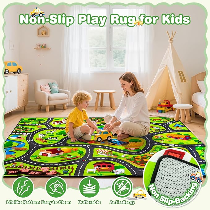Kids Farm Play Rug, 5' x 7' FT Happy Farm Activity Playmat, Extra Thick (0.4in) - Non-Slip Car Rugs for Kids' Toy Cars, Educational Play Mat Race Track Carpet for Kid's Room, Bedroom and Learning
