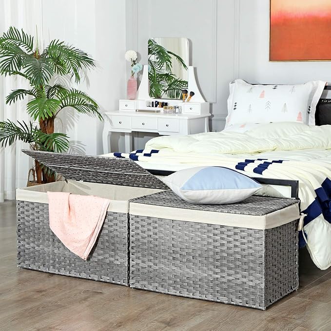 SONGMICS Storage Basket with Lid, 42.3 Gallon (160L) Storage Bin, Woven Blanket Storage Basket with Handles, Foldable, Removable Liner, Metal Frame, for Bedroom, Laundry Room, Gray URST76WG
