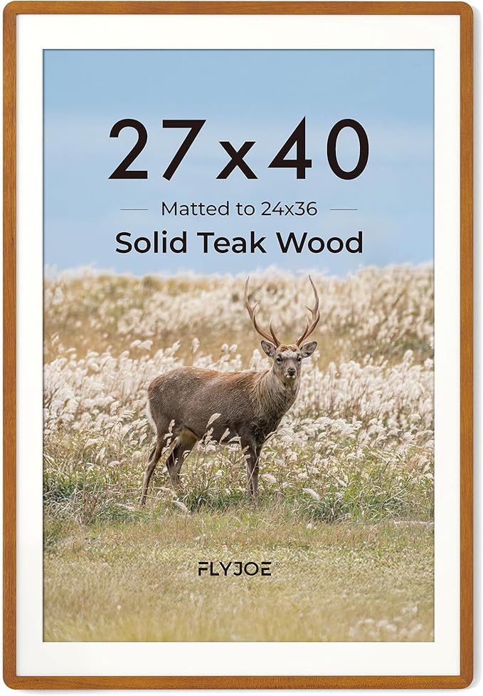27x40 inch Poster Frame - Solid Teak Wood 27 x 40 Frame, Movie Poster Frame 27x40 With Mat For 24x36, Tempered Glass and Hanging Hardware Included, 27''x40'' Frame Wood, Natural Teak