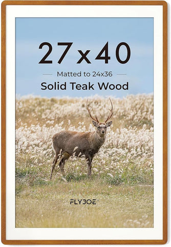 27x40 inch Poster Frame - Solid Teak Wood 27 x 40 Frame, Movie Poster Frame 27x40 With Mat For 24x36, Tempered Glass and Hanging Hardware Included, 27''x40'' Frame Wood, Natural Teak