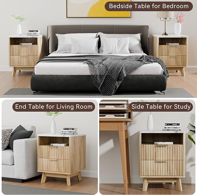 Fluted Nightstand with 2 Drawers, 18" Modern Bed Night Stand with Faux Marble Top, Open Storage Shelf, Curved Edge Bedside Table for Bedroom, Living Room End Side Table, Natural Oak