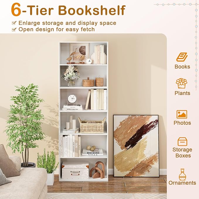 Tangkula 6-Tier Bookcase, 70” Tall Freestanding Bookshelf with 6 Open Shelves, Anti-Toppling Kits, Floor Display Storage Organizer for Living Room, Study, Kitchen, Home & Office (White, 70" H)