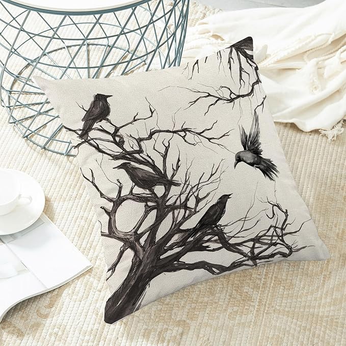 Halloween Pillow Covers 24x24 inches Set of 2 Black Crows Branch Decorative Farmhouse Throw Pillow Covers Outdoor Halloween Decor Farmhouse Linen Cushion Case for Home Sofa Couch Decoration