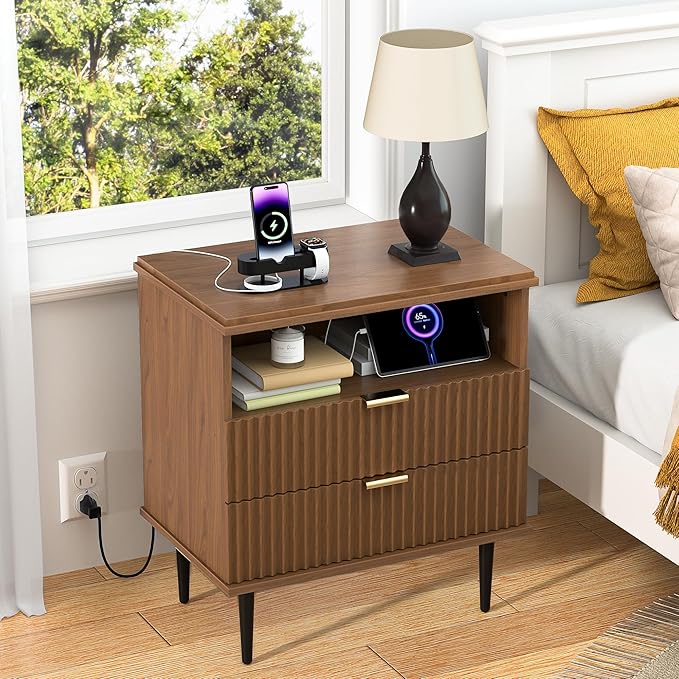 Modern Nightstand with Charging Station, 2 Drawers Fluted Wood Bedside Table with USB, Type-C & Outlets, Metal Legs, Storage Dresser for Bedroom or Living Room (Walnut, 23.3)