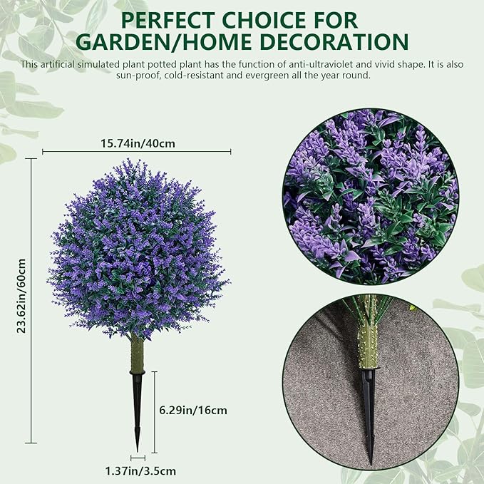 23.6'' Faux Lavender Topiaries Set of 2 with Ground Spikes for Spring Front Porch Decor, Fake Bushes UV Resistant, Artificial Shrubs Outdoor Plants Fake Evergreen Tree for Outdoor Garden