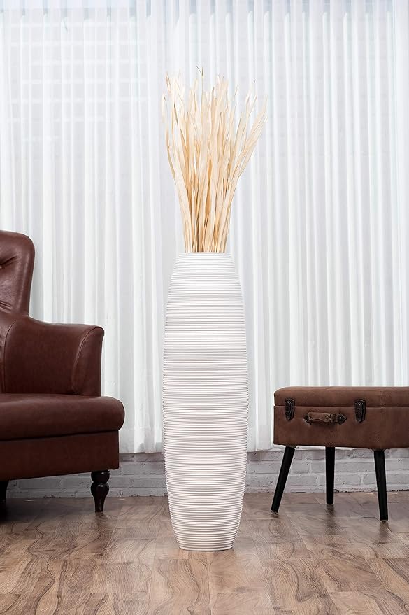 Leewadee Large White Home Decor Floor Vase – Wooden 36 inches Tall Farmhouse Decor Flower Holder for Fake Plant and Pampas Grass