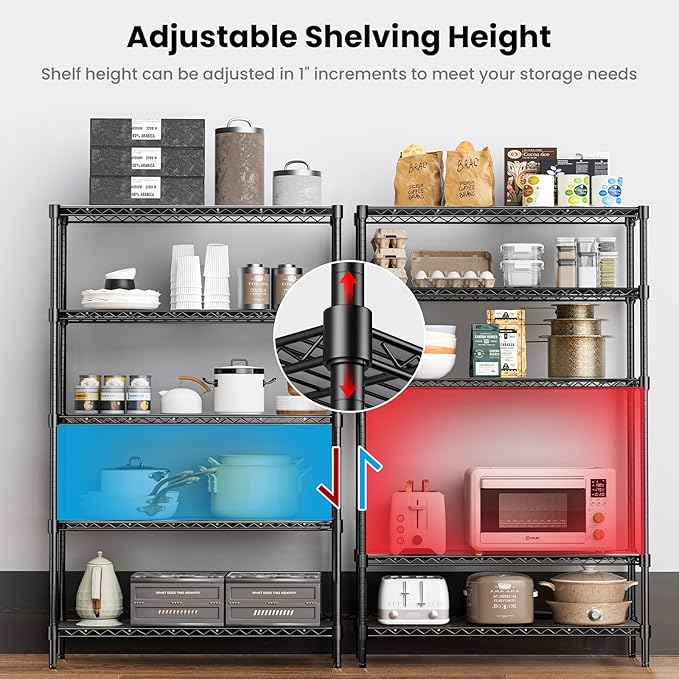 45" W Storage Shelves 5 Tier Wire Shelving with Shelf Liners, Adjustable Metal Garage Shelving, 1875LBS Heavy Duty Commercial Storage Rack for Pantry Kitchen, 45" W x 16" D x 72" H, Black