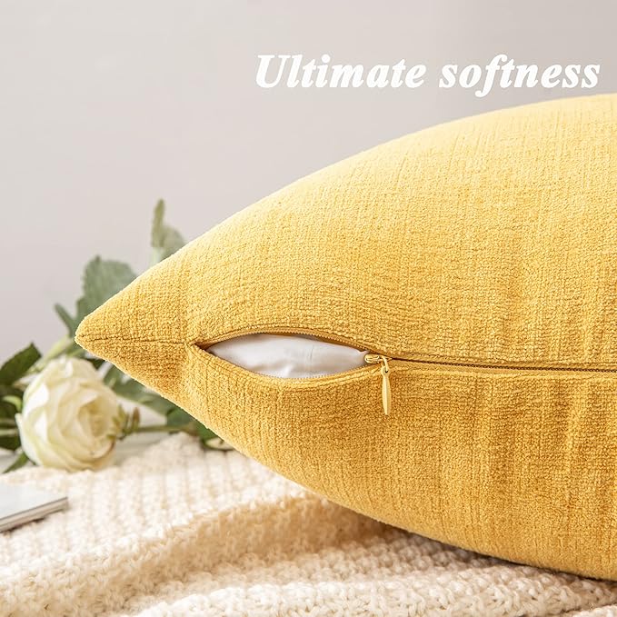 GAWAMAY Decorative Chenille Throw Pillow Covers 26x26 Inch Pack of 2, Soft Square Couch Pillow Cover for Sofa Cushion Living Room Bedroom Solid Dyed Oversized Pillowcases Yellow 66x66cm (ONLY Covers)