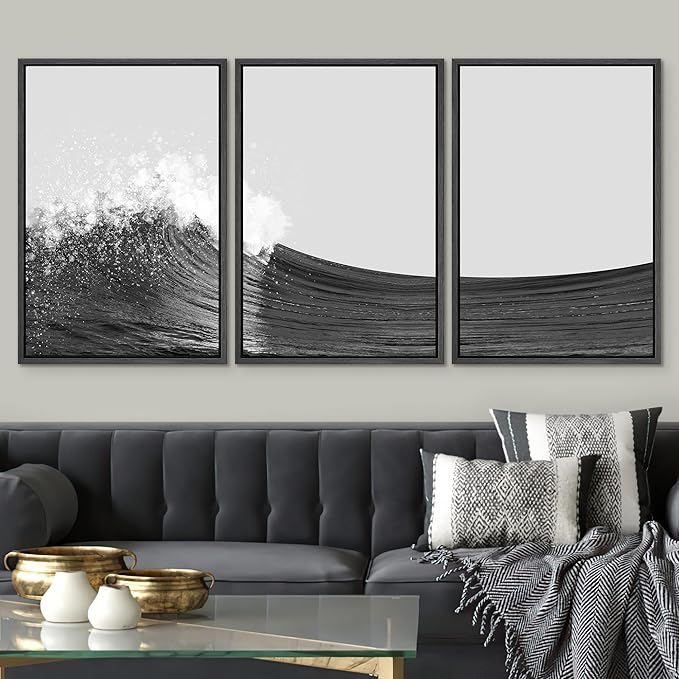 SIGNWIN 3 Piece Framed Canvas Wall Art Black and White Ocean Waves Nature Wilderness Illustrations Abstract Traditional Relax/Calm Home Artwork Decoration for Living Room,Bedroom - 24"x36"x3 Black