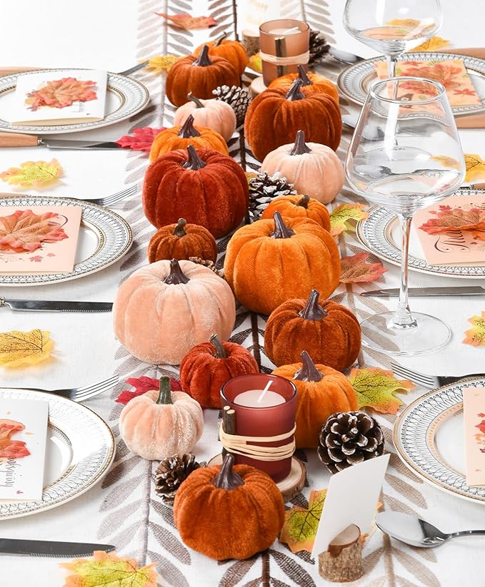 Lvydec Velvet Pumpkins Set Harvest Decoration, 12pcs Assorted Size Orange Cloth Pumpkins for Table Decoration Halloween Thanksgiving Autumn Festive Home Decor