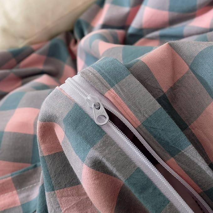 VM VOUGEMARKET 3 Pieces Grid Duvet Cover Set Washed Cotton Pink Purple Blue Plaid Checker Printed Comforter Cover with Zipper Soft Lightweight & Breathable Quilt Cover Set King