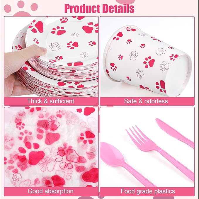 400 Pieces Pink Paw Disposable Party Tableware Sets Dog Puppy Supplies Including Plates Cups Napkins Cutlery Serves 50 for Birthday Puppy Theme Party Decorations