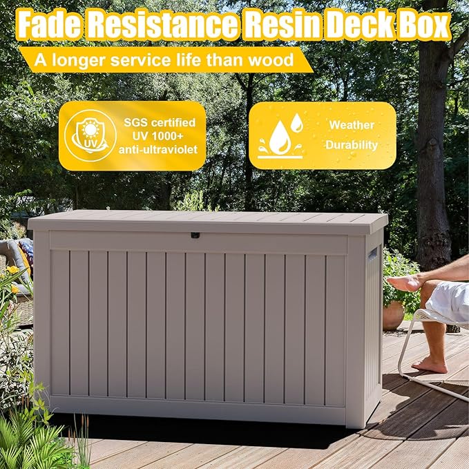 ROJIK Outdoor Storage Housing Deck Box,Waterproof Patio Furniture, Garden Tools,Cushions,Pool Accessories Storage Bench with Lockable Lid and Side Handles (Grey,230 Gal)