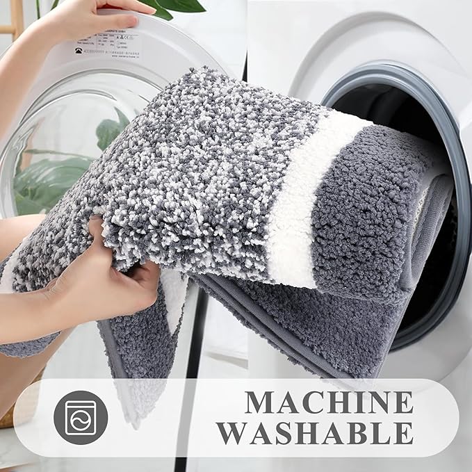 Pauwer Bathroom Rugs Set 5 Piece, Plush Absorbent Microfiber Bath Mats for Bathroom, Non Slip Washable Bath Rug Set with U Shaped Contour Toilet Rugs, Shower Rug and Toilet Lid Cover, Dark Grey