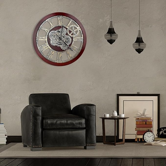 HOIBAI 18 Inch Big Moving Gears Farmhouse Vintage Rustic Roman Oversized Wall Clock for Home Bedroom Kitchen Decor