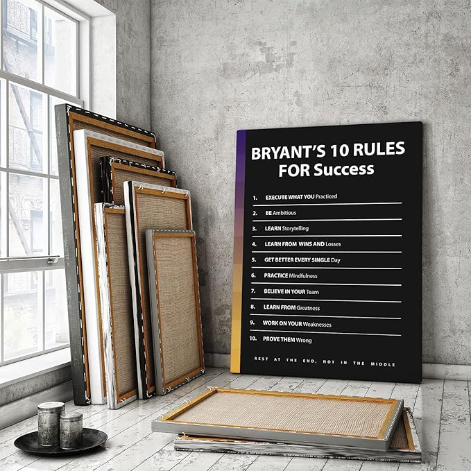 Bryant 10 Rules For Success Motivational Wall Art Office Decor Canvas Print, Black Mamba Mentality, Basketball Player Gift, Sports Gym Art, Basketball Coach Print (48" x 36" in)