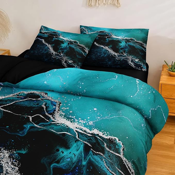 Black Marble Comforter Queen Turquoise Blue Bedding Set 3 Pcs Marble Stone Natural Theme Artwork Abstract Comforter Sets Super Soft Cozy Black Bed in A Bag with Comforter and Sheet Set
