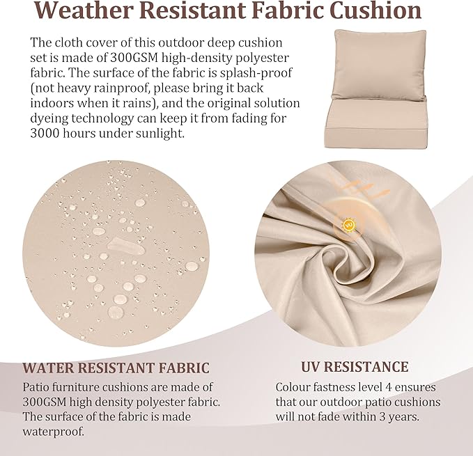 Outdoor Deep Seat Cushions for Patio Furniture Set of 2, Waterproof Outdoor Chair Cushions 24 x 24 x 4'' Patio Furniture Cushion with Fade Resistant Removable Cover, Handle & Straps, Khaki