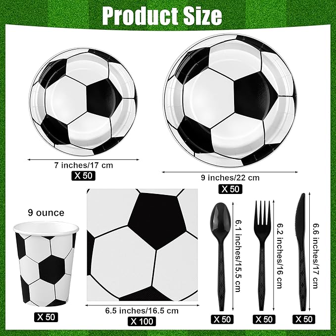 400 Pieces Soccer Disposable Party Tableware Sets Including Plates Cups Napkins Cutlery Serves 50 for Soccer Games Sports Birthday Party Decorations