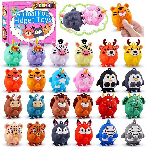 24 PCS Party Favors for Kids, Silicone Animal Pop Fidget Toys with Suction, Birthday Gifts for Boy Girls, Treasure Box Toys, Goodie Bag Stuffers, Prizes for Kids, Pinata Stuffers