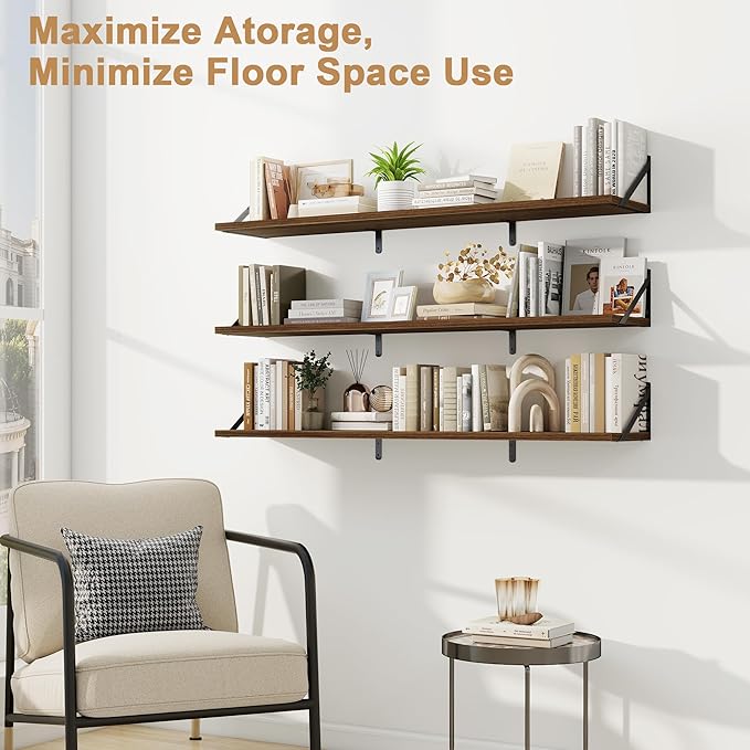 Fun Memories Extra Long Floating Wall Shelves, 48 x 8 Inches, Set of 3 Large Wood Floating Bookshelves with Metal Brackets for Storage & Display (Walnut)