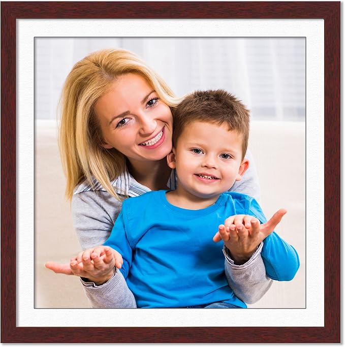 12x12 Frame with Mat - Brown 15x15 Frame Wood Made to Display Print or Poster Measuring 12 x 12 Inches with White Photo Mat