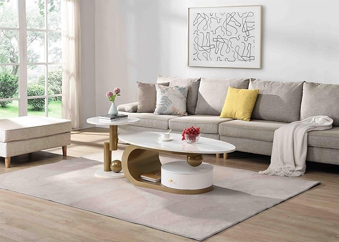 2 Piece Living Room Set, Storage Drawer, Faux Marble Tabletop, Modern Nest Coffee Table Set of 2, White and Gold Oval Coffee and End Table Set with Iron Geometric Base