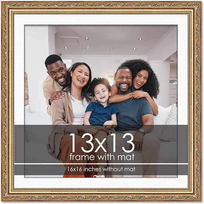 13x13 Frame with Mat - Antique Gold 16x16 Frame Wood Made to Display Print or Poster Measuring 13 x 13 Inches with White Photo Mat