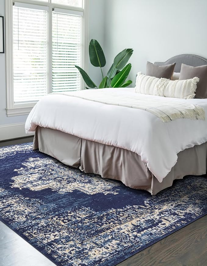 vivorug 8x10 Area Rugs for Living Room, Non-Slip Backing Washable Rug 8x10, Large Area Rug Soft Carpet for Bedroom Dining Room, Vintage, Easy Clean, Durable, Low Pile Rug Under Table, Navy Blue