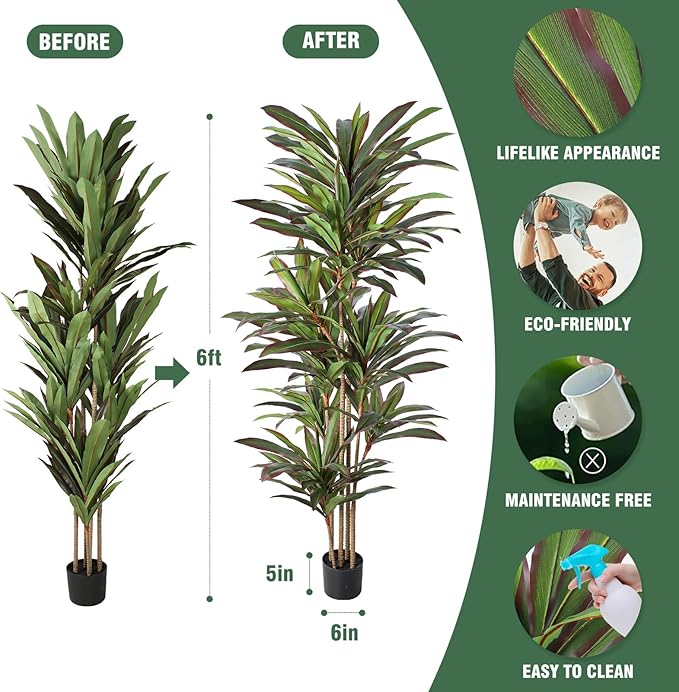 Dracaena Artificial Plant 6ft Red Yucca Silk Tree Faux Plants Indoor Tall Fake House Floor Plants Realistic Artificial Trees for Home Office Decor Indoor Outdoor Housewarming Gift
