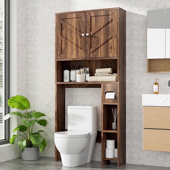 Meilocar Bathroom Over ToiletStorage Cabinet with Toilet Paper Holder Stand, Freestanding Bathroom Storage Organizer Cabinet Space Saver W/Adjustable Shelf, Walnut