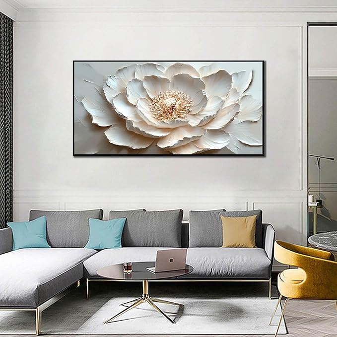 Flower Art Wall Decor for Living Room - White Canvas Wall Art for Office - Large Black Framed Wall Art for Bedroom Size 29" x 59"