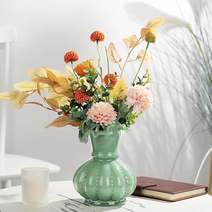 Joeyan Handmade Green Glass Flower Vase,7.9" Vintage Decorative Urn Vase for Centrepieces Bouquet Wedding,Colored Thickened Pedestal Vase Decorations for Rustic Home Living Room Office Farmhouse