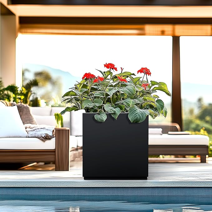 Large Square Planter Metal Black Planter Box with a Drainage Hole and a Removable Divider Indoor Outdoor Porch Pots for Tall Plants, Trees, Flowers 17.01" x 17.01" x 17.99" Black