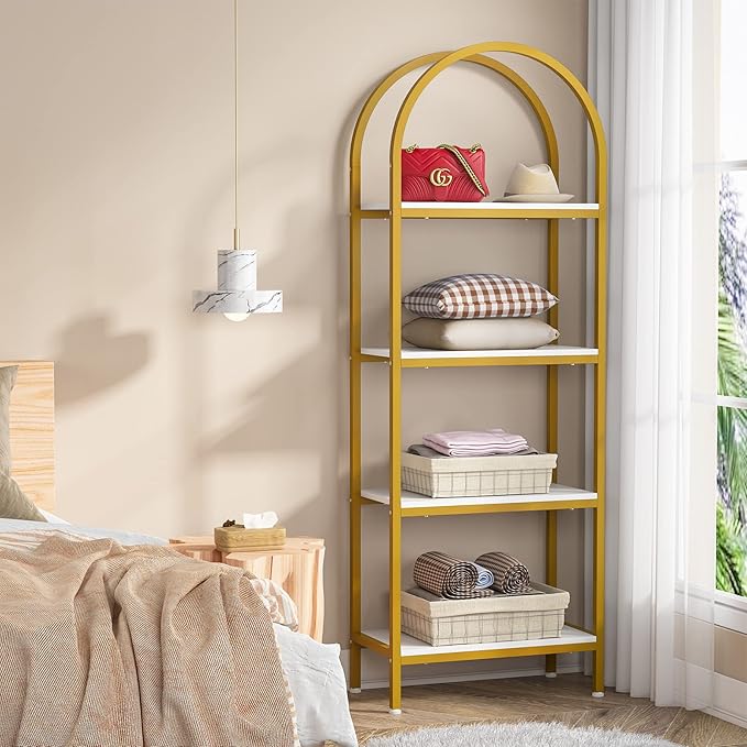 Tribesigns 4-Tier Open Bookshelf Set of 2, 70.8" Modern Wood Bookcase Storage Shelves with Metal Frame, Freestanding Display Rack Tall Shelving Unit for Bedroom, Living Room (White and Gold, 2PCS)