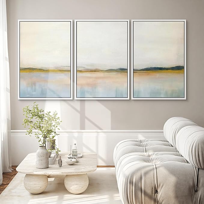SIGNWIN Framed Canvas Print Wall Art Set Grunge Watercolor Pastel Lake Landscape Nature Abstract Illustrations Fine Art Decorative Nordic Rustic for Living Room, Bedroom, Office - 24"x36"x3 White