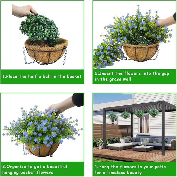 Artificial Hanging Flowers Basket, 12 UV-Resistant Bundles of Realistic Fake Flowers, Faux Plants for Outdoor Decor, Home, Garden, Porch, Patio, Spring & Summer Decorations, Blue