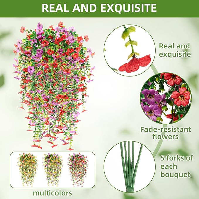 Hoteam 24 Pack Artificial Hanging Flowers Plants for Outdoors 30 Inch UV Resistant Fake Plastic Faux Artificial Plants Bulk for Planter Porch Patio Yard Garden Wedding Wall Indoor