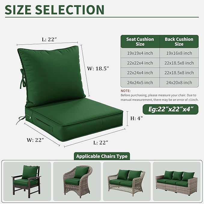 Premium Outdoor Seat Cushion Chair Cushions for Patio Furniture 22 L X 22 W X 4 H Waterproof & Fade Resistant Deep Seat and Backrest Cushion Set with Removable Covers for Chair, Sofa