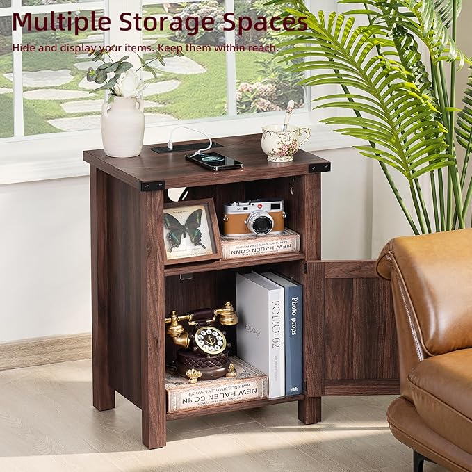 Night Stand, 18 Inch Farmhouse Nightstand with with Charging Station and USB Port, Rustic Couch End Table with Magnetic Door, Wood Bed Side Tables for Bedroom, Home, Brown Walnut
