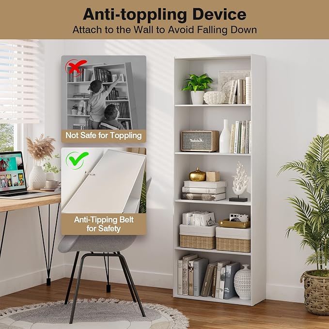 Tangkula 5-Tier Bookcase, 67” Tall Freestanding Bookshelf with 5 Open Shelves, Anti-Toppling Kits, Floor Display Storage Organizer for Living Room, Study, Kitchen, Home & Office (White, 67" H)